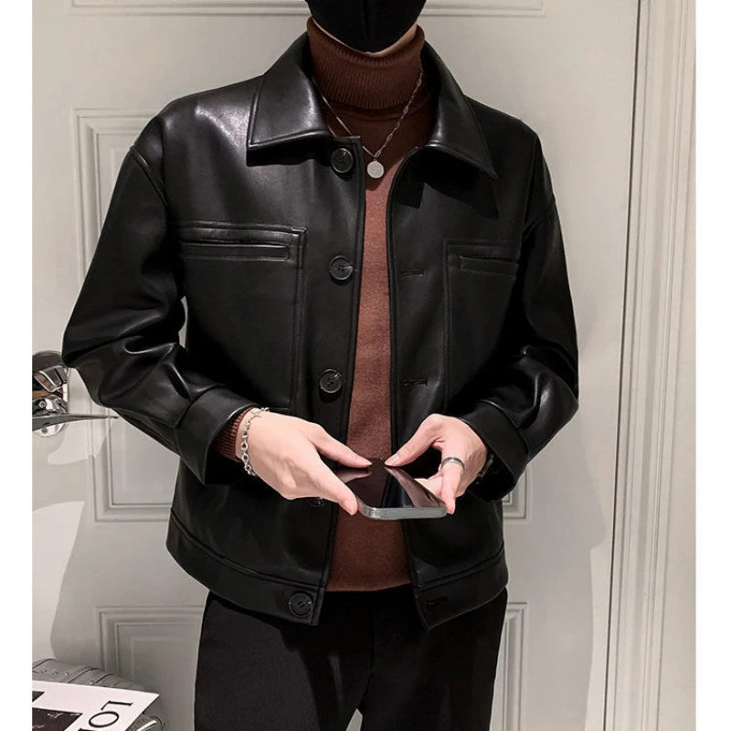 

Autumn Winter Parkas Men PU Leather Jacket Trend Short Outwear Motorcycle Casual Plankton Handsome Network Red Leather Coat