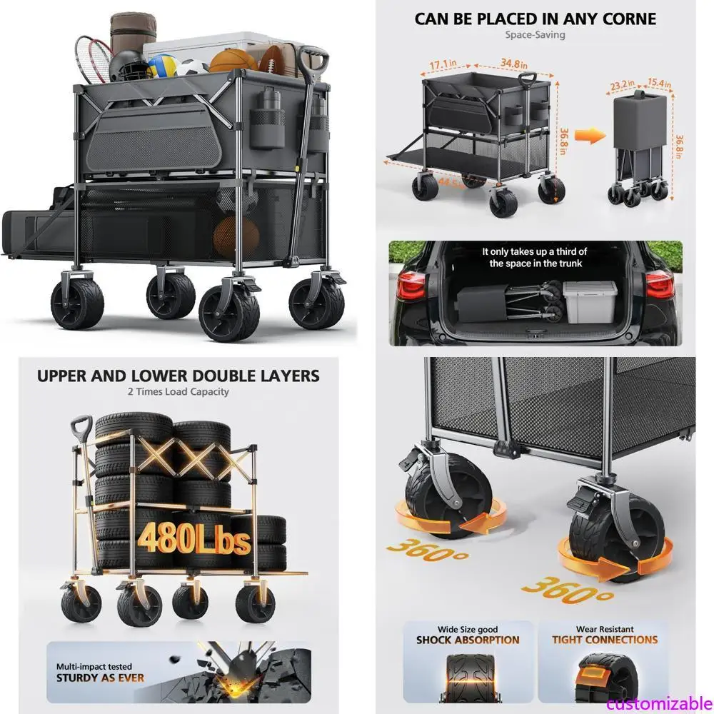 

Складная двухэтажная тележка с грузоподъемностью 480 фунтов, большими колесами, боковыми карманами для покупок, садоводства и кемпинга — серый