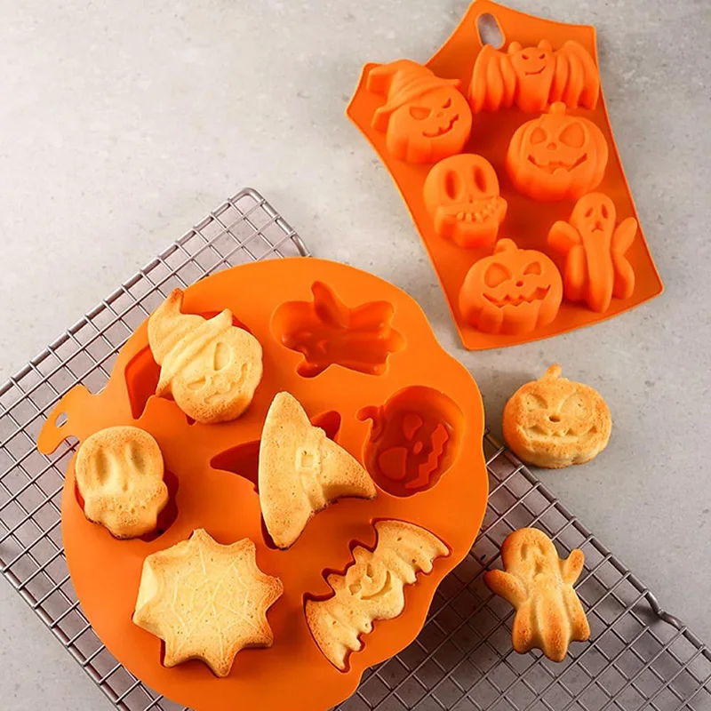 2 Pack Halloween Silicone Molds Pumpkin Skull Head Ghost Bat Witch Hat Shaped Molds for Chocolate Cookie Soap Candles DIY Making