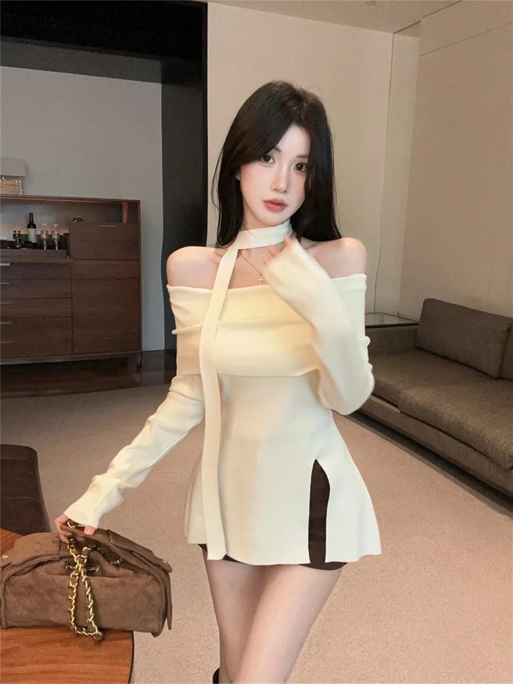 Herbst Winter Gestrickte Slim Fit T-shirt Overhead One oulder Lange Sve Reine Farbe Sexy Split mid Länge Französisch Sle Frauen...