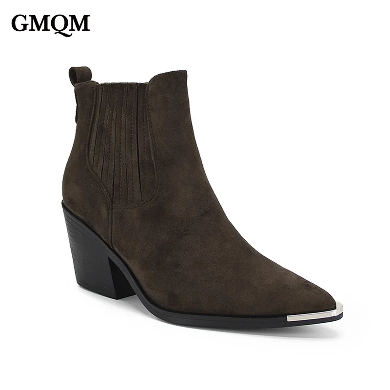 

GMQM 2025 New Solid Color Western Boots Women Cowboy Booties Ankle Block Heels Wide Calf Pointed Toe Slip On Casual Brown Shoes