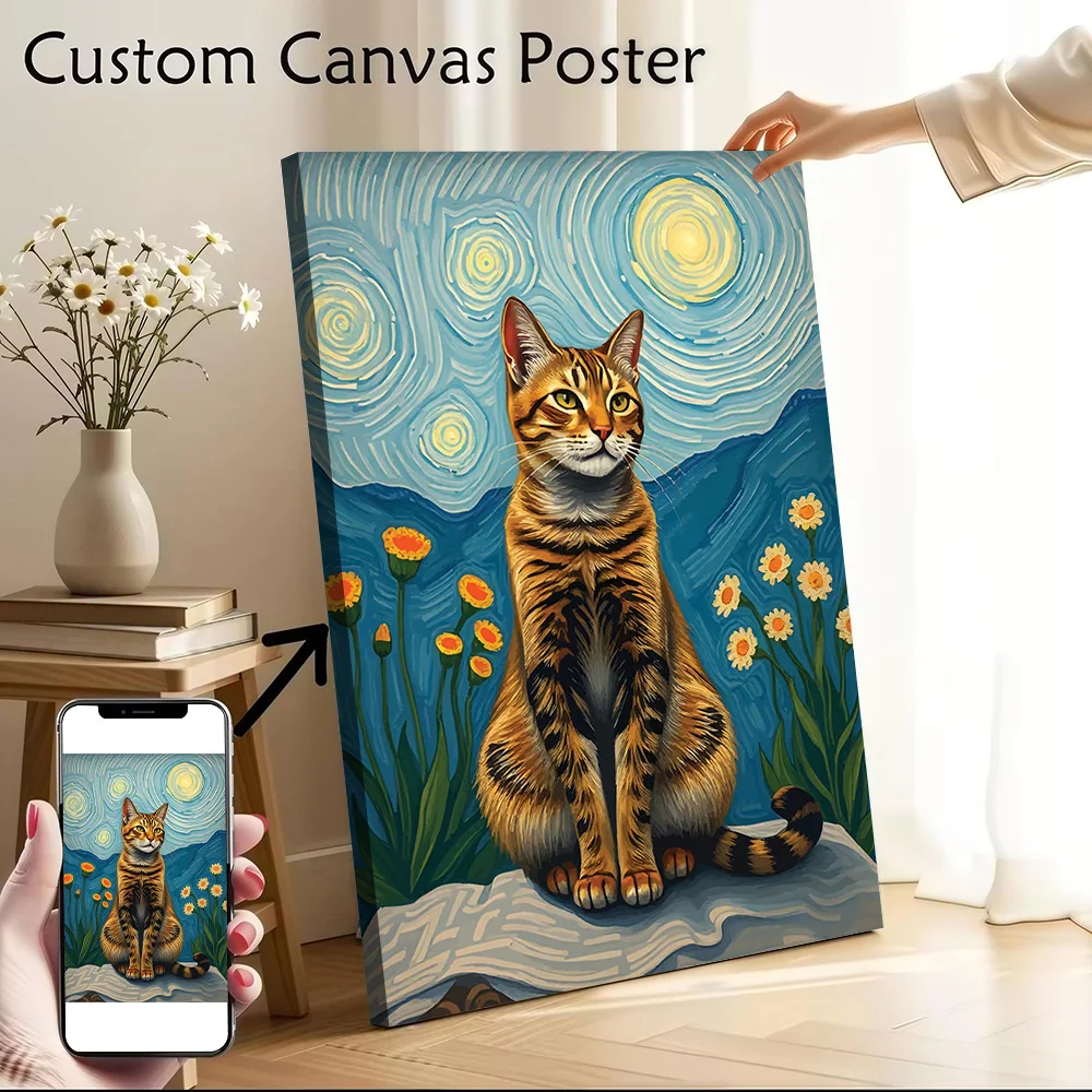 Cat in Starry Night Van Gogh Printed Canvas Poster Personalized High Quality Wall Art Paintings for Home Decor Ornaments Bedroom