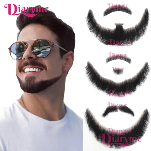 Imagen 2 del producto Barba falsa, barba de pantera, cabello humano realista, encaje de ganchillo hecho a mano, bigote falso Invisible para Halloween, vestido de hombres Makeu