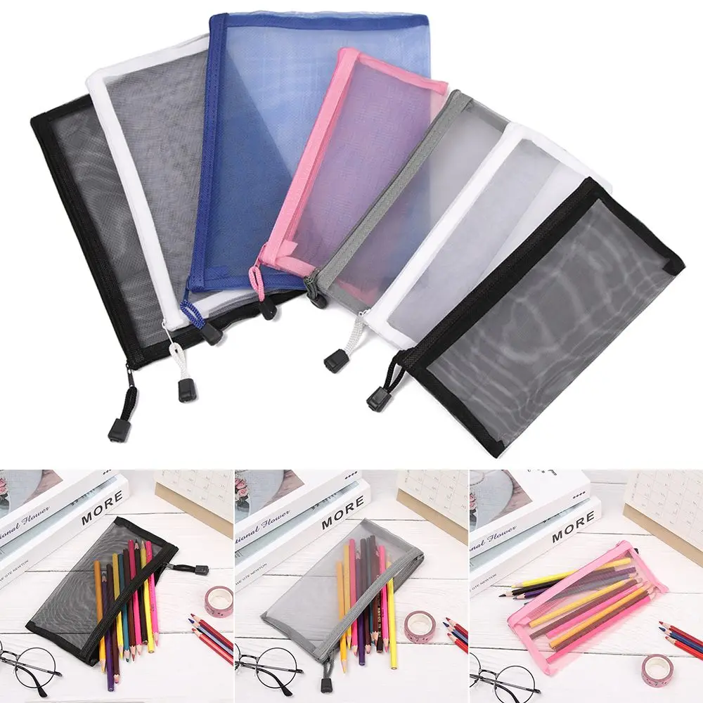 1pc Solid Color Gifts Handbags Cosmetic Coin Purse Makeup Cosmetic Storage Mesh Pen Bag Zipper Pencil Case Transparent Grid