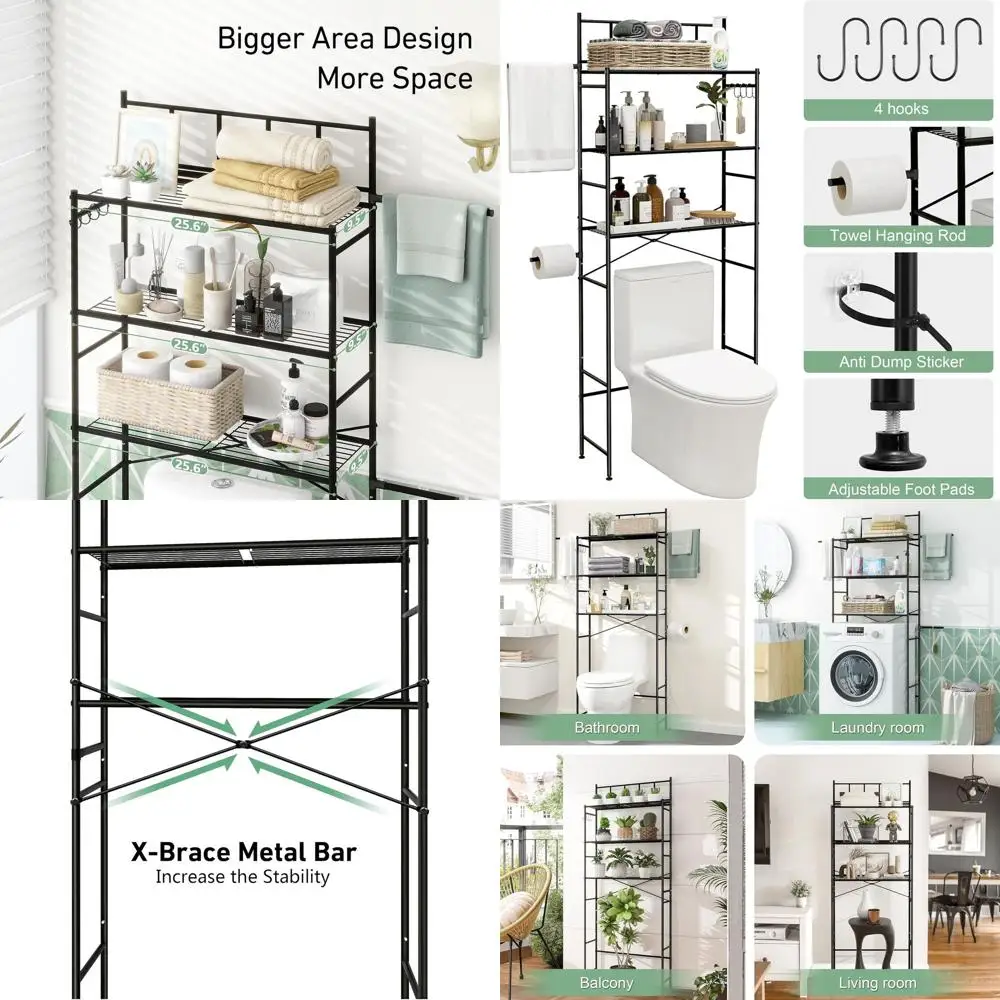 

Компактный металлический стеллаж для хранения туалета с крючками и держателем для бумаги для компактных ванных комнат, черный