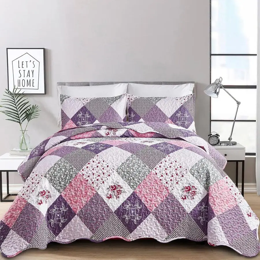 

Purple Quilt Set Queen Size, Reversible Floral Plaid Patchwork Pattern Bedding Set Soft Microfiber Lightweight Bedspread Coverle