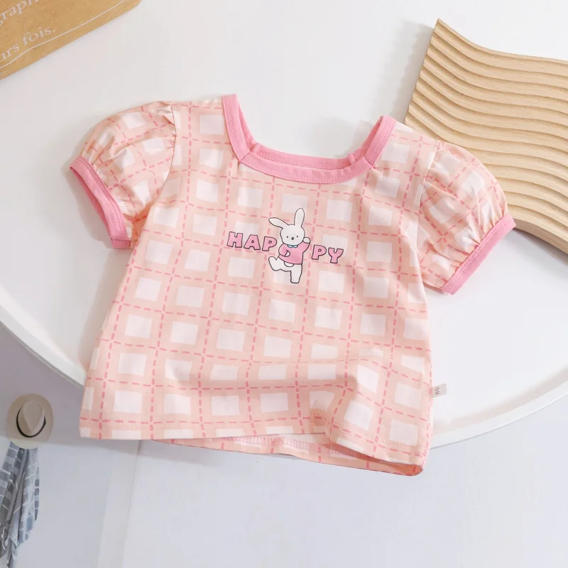 

Children's New Summer Girls' Cartoon Plaid Fashion Baby Short SleeveTT-shirt Western Style Internet Hot Top