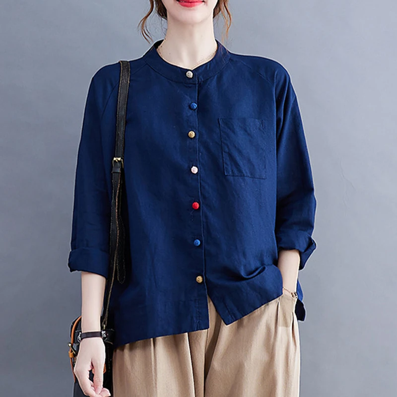 Women Spring Autumn Cotton Linen Shirt Lady Buckle Retro Literary Art Blouse Faux Linen Chic Casual Loose Shirts