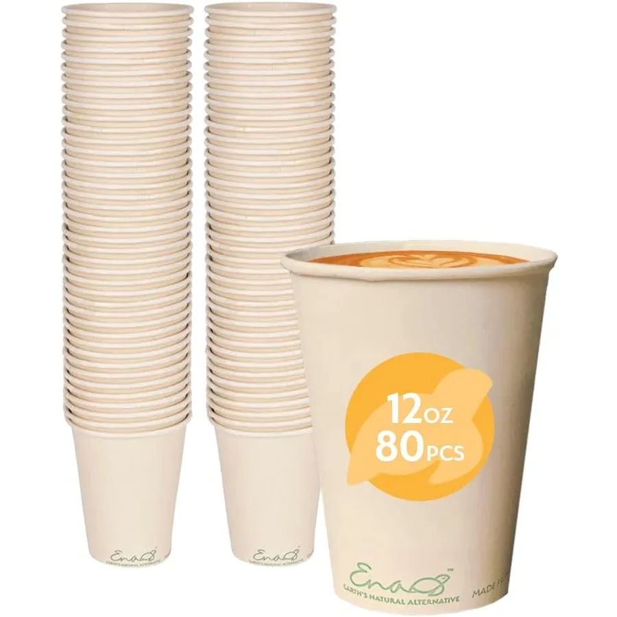 100 tazas de café desechables compostables [paquete de 12 oz y 80), vasos de papel hechos de bambú, vasos de fiesta premium biodegradables ecológicos