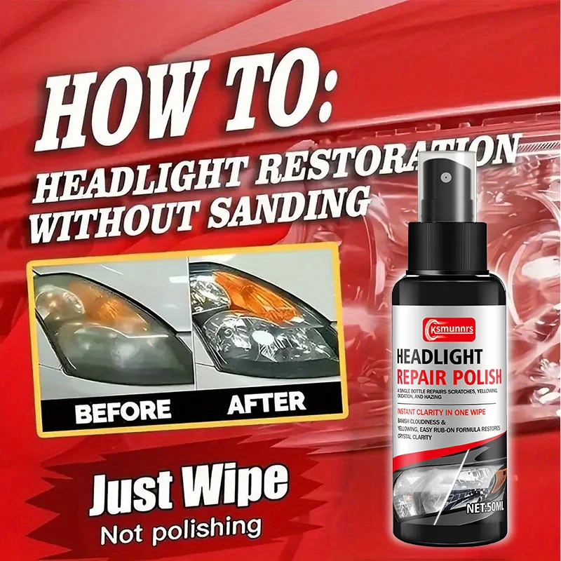 Car headlight repair spray - fixes yellowing, cloudiness, oxidation, and scratches, making your lights brighter