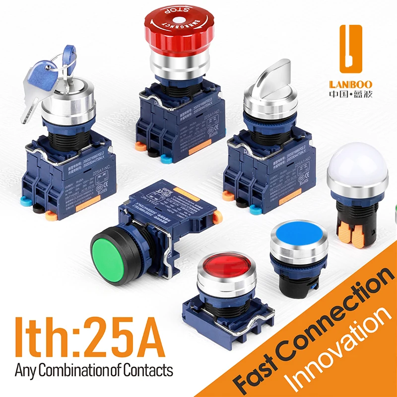 LANBOO big current Fsat Connection Waterproof Button IP65  Switch IK68 With LED Red Green Bule yellow 1NO 2NC