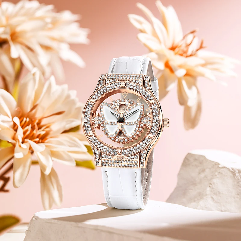 ROMITIME Watches for Woman Butterfly Motif Rotating Dial Calfskin Strap Quartz Waterproof Fashion Ladies' Wristwatch for Gifts
