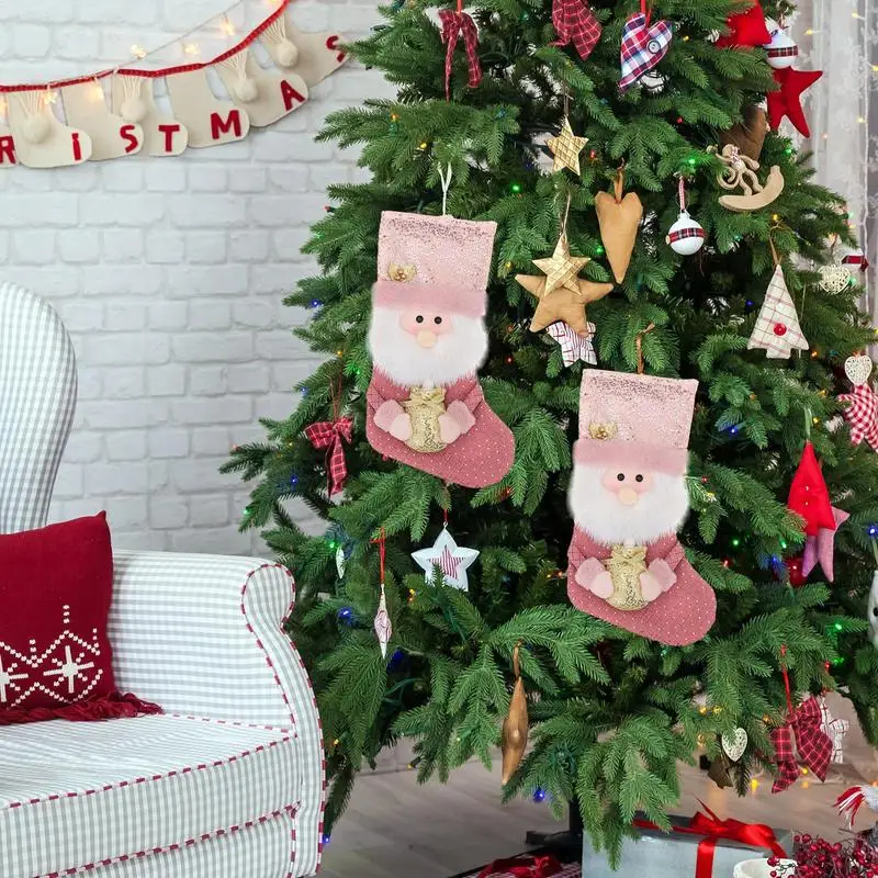 Plush Christmas Stockings Winter Plush Pink Socks Decor Large Opening Decoration Tool For Doorknob Window Stairs Christmas Tree