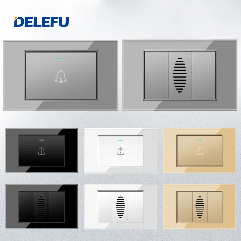 DELEFU แผงกระจกนิรภัยบราซิลมาตรฐานซ็อกเก็ตสวิทช์ 118*72mm10A 20A Doorbell สวิทช์ Doorbell Ding Dong สีเทาสีดําสีขาว Go