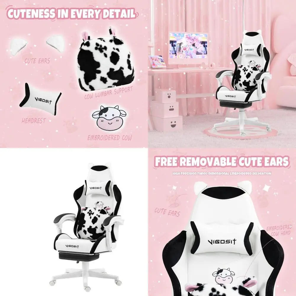 

Stylish Cat-Themed Gaming Chair with Paw Lumbar Support for PC Gamers, Teens, and Women (Black and White)