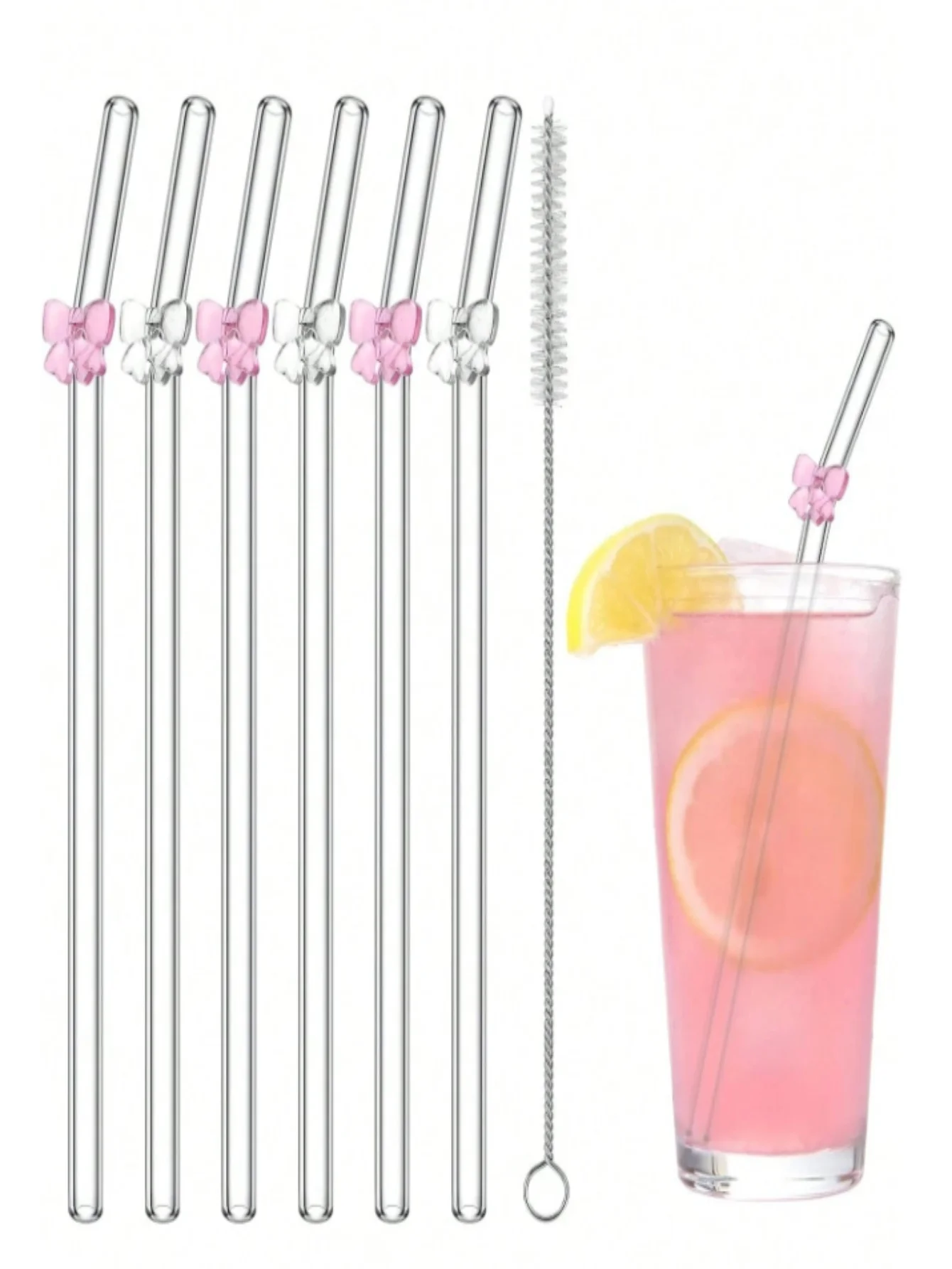 1/4/6PCS Reusable Glass Straws with Bow Charm, Bachelorette Bridal Party Decor, Drinking Straws Set , Summer Cup Accessories