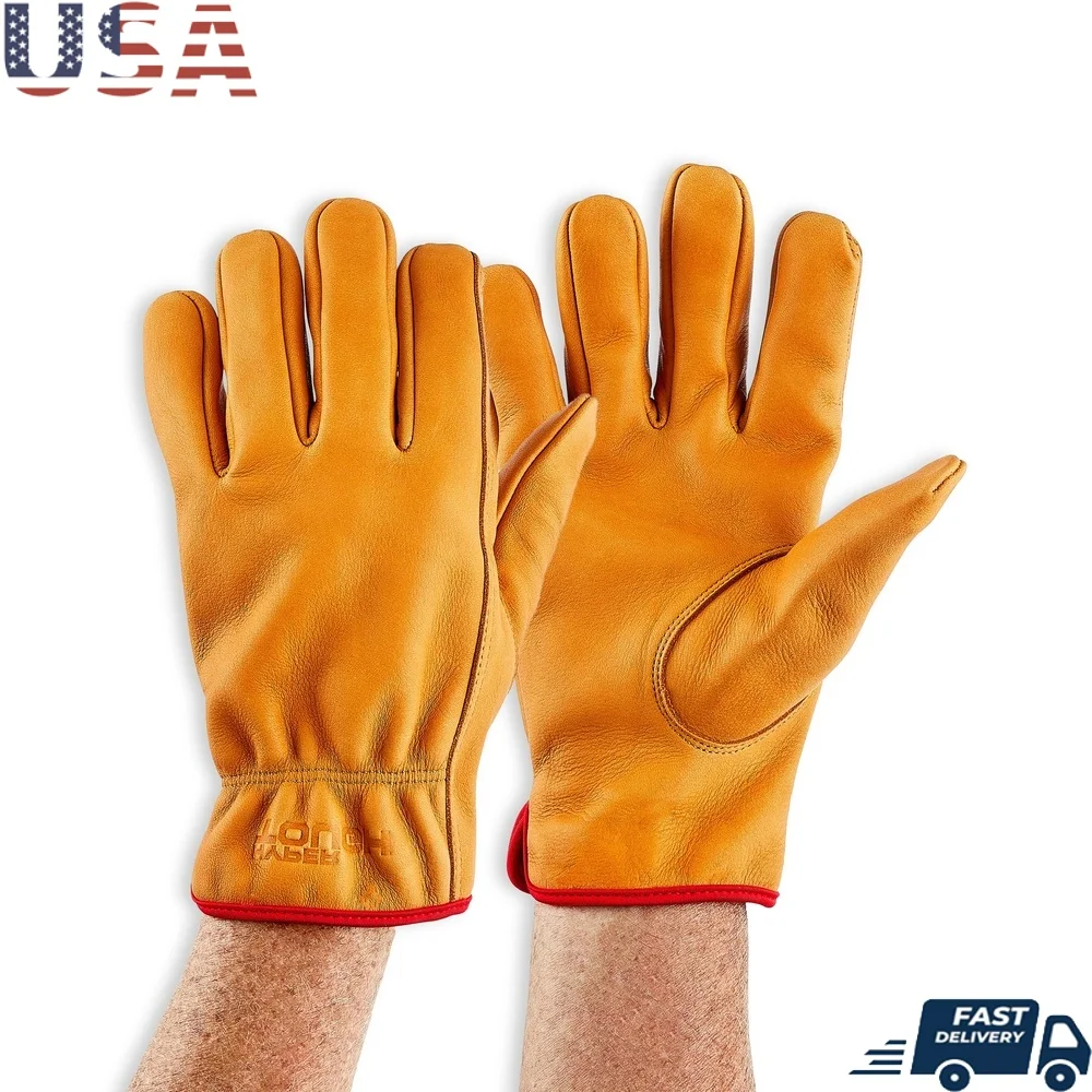 

Water Resistant Men's Leather Work Gloves Durable Full Grain Leather Gardening Construction DIY Tasks Elastic Wrist Pair