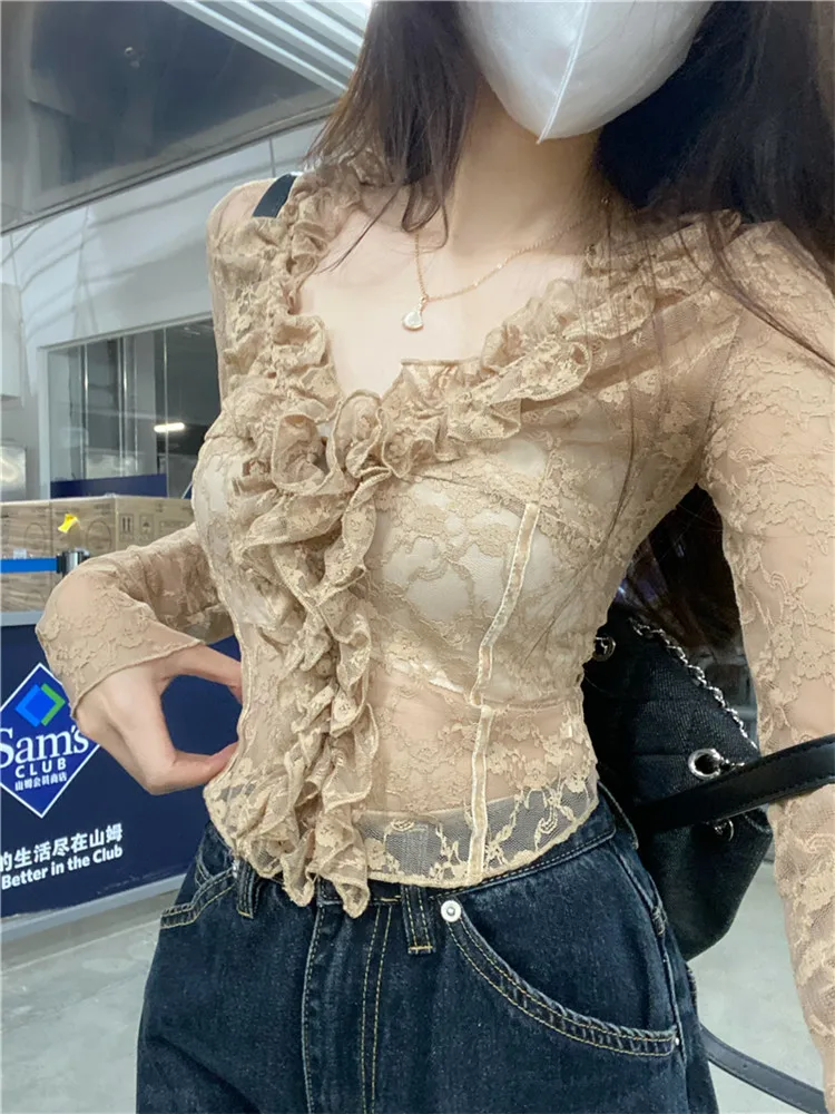 New Fashion Sexy Women Sheer Transparent Short Lace Shirt V Neck Ruffles Slim Blouse Base Shirt Long Sleeve Tight Bottoming Top