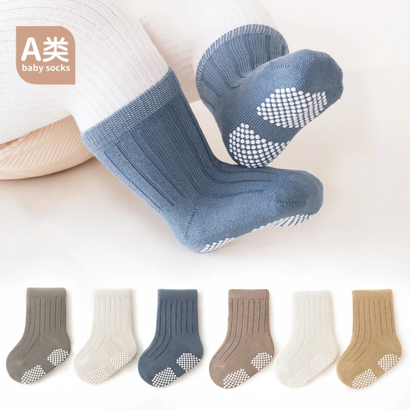 3 Pairs/lot Four Seasons Toddler Baby Anti-slip Socks for Newborns Cute Solid Color Cotton Non Slip Boys Girls Floor Socks 0-8Y