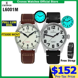 Cronos Pilot Flieger Mechanical Men Watch Stainless steel Super Luminous Sapphire Crystal Skeleton Back Leather Strap