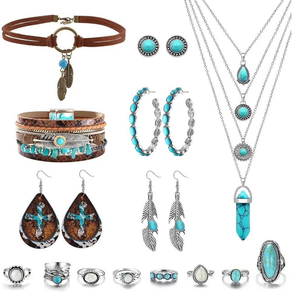

Handmade feather choker set with turquoise accents for women bohemian western style adjustable 18 inch
