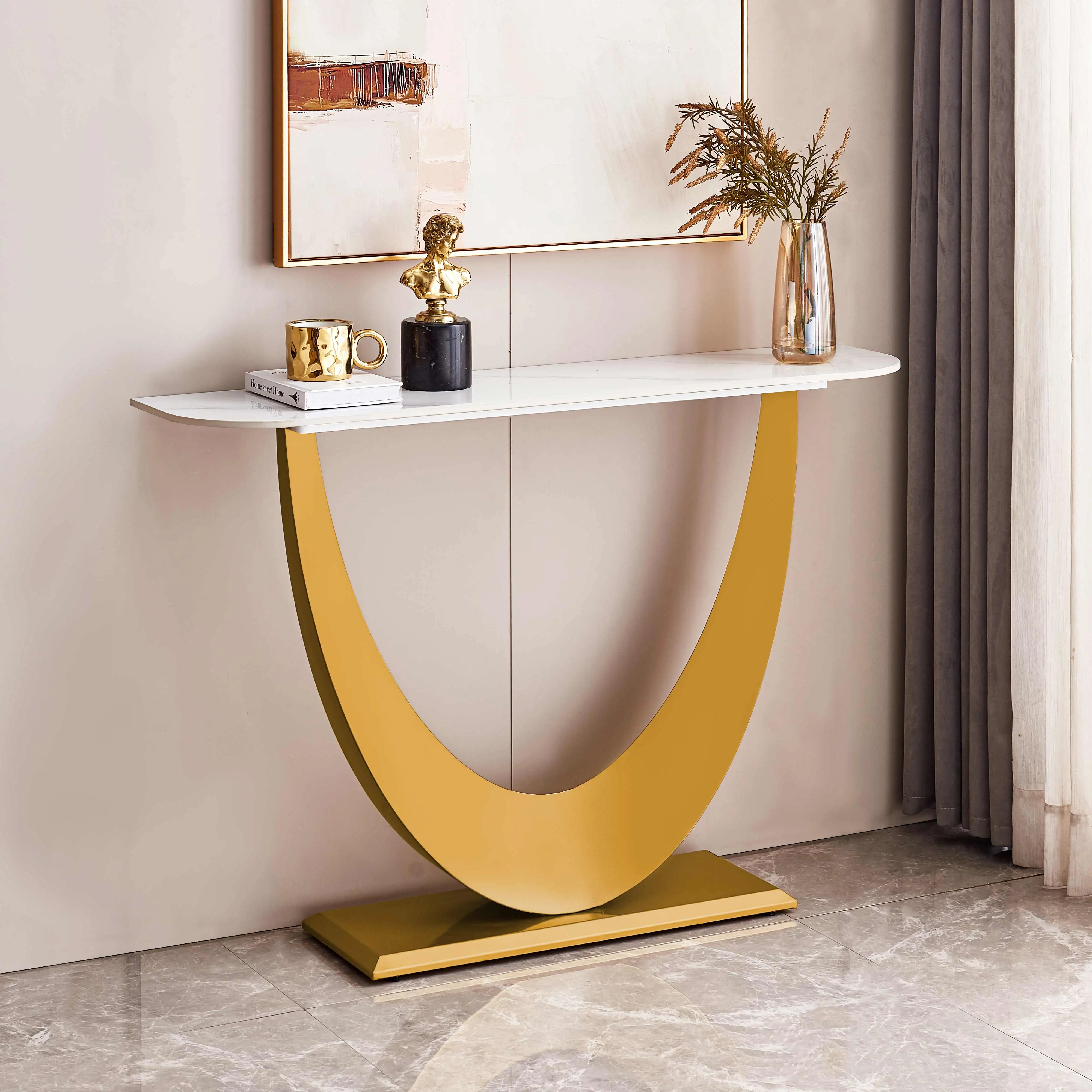 Smile Corridor Entry Table, Italian Light Luxury High-end Rock Slab Creative Table, Metal Table Feet, Easy Installation