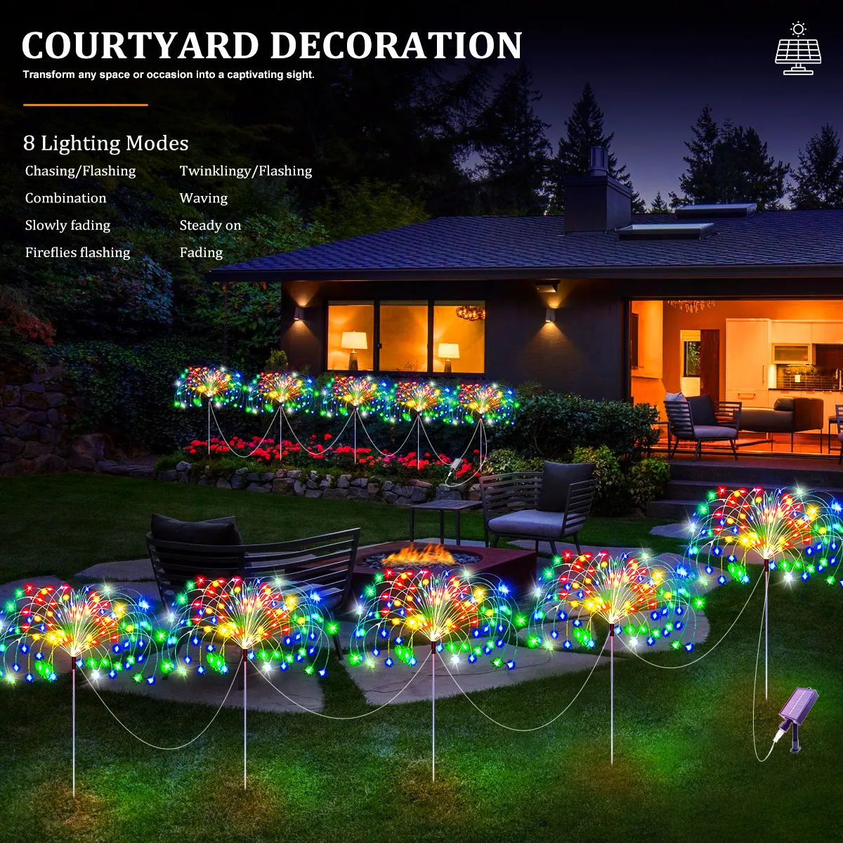 5Pcs 400LEDS Solar Power Fireworks Light Outdoor Solar Light Waterproof LED Fairy Lights 8 Modes Lighting For Garden Lawn Yard
