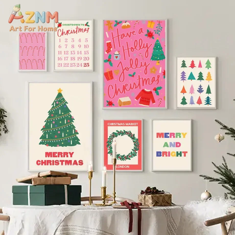 AZNM Pink Christmas Canvas Wall Art, Colorful Xmas Tree Wreath Countdown Print, Winter Holiday Festive Home Wall Decor, Unframed