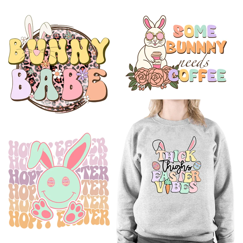 Cute Easter Bunny Babe Design He is Risen DTF Printing Best Wishes Hip Hop Easter Patches Iron on Decals Transfers for Shirts