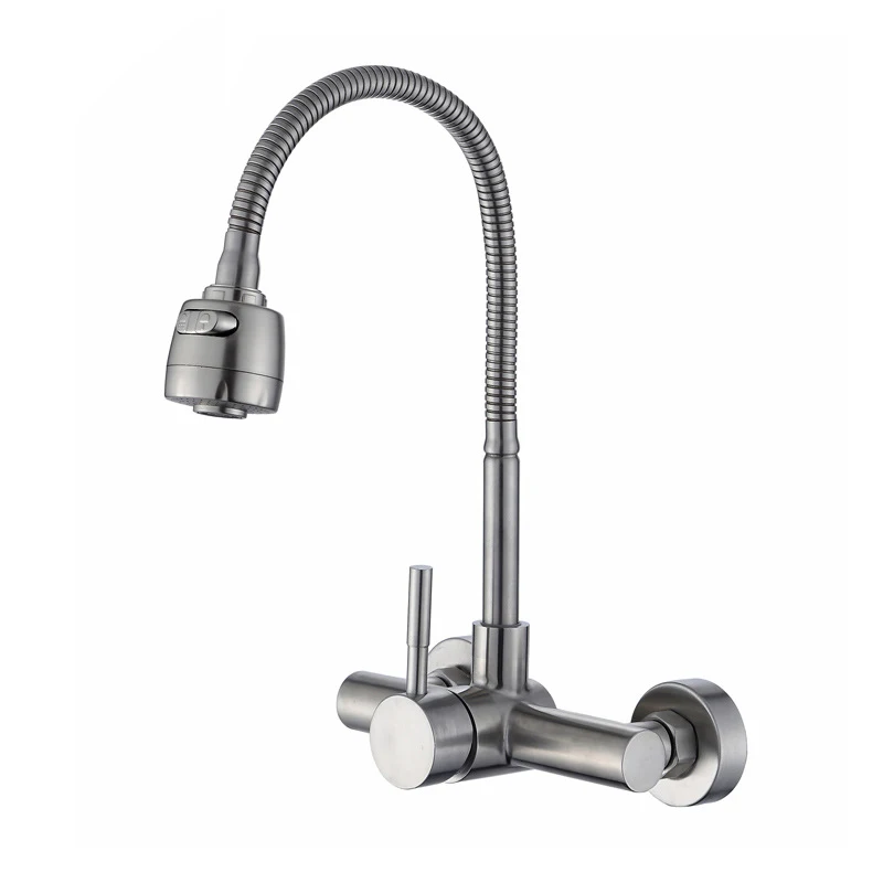 Torneira de cozinha montada na parede, alça única, torneira rotativa, quente e fria, esfregão, piscina, pia