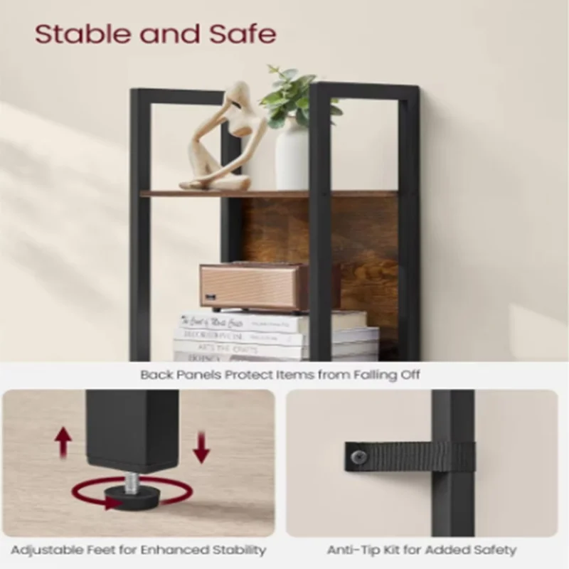 Estante Moderna de 5 Níveis com Painel de Madeira e Metal Industrial, Prateleiras de Exibição com Gavetas para Armazenamento na Sala de Estar