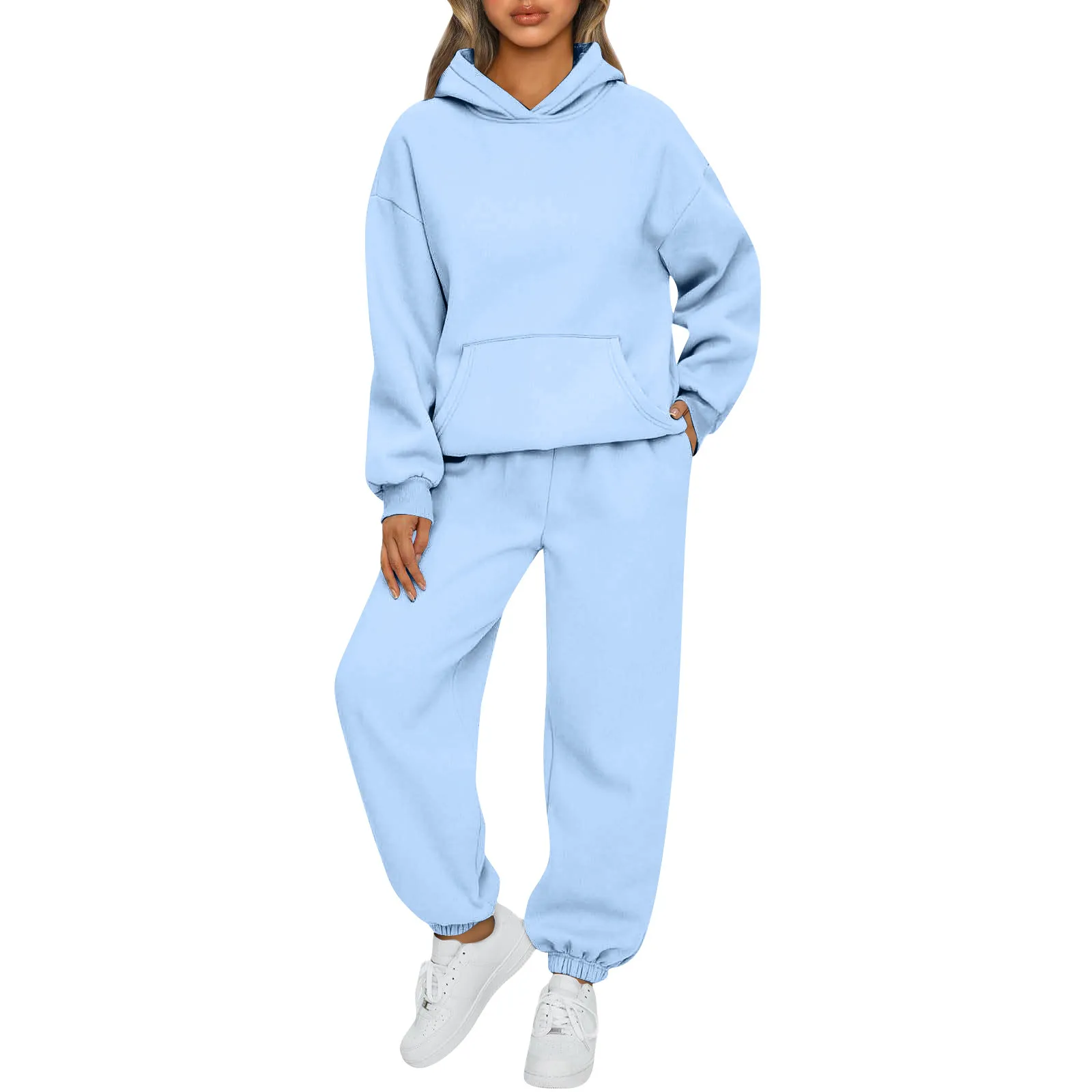 

Women'S Fleece Loose Tracksuit Casual Solid Hooded Sport Two Piece Set Autumn Winter Long Sleeve Sweatshirts And Trousers Suit