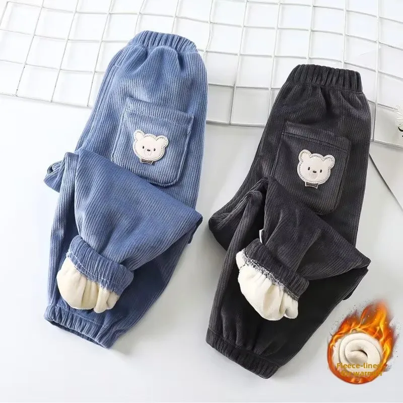 Kids Autumn Winter Warm Pants, Thicken Harem Pants with Cute Bear Print, Casual Trousers for Toddler Baby Boys Girls Clothes