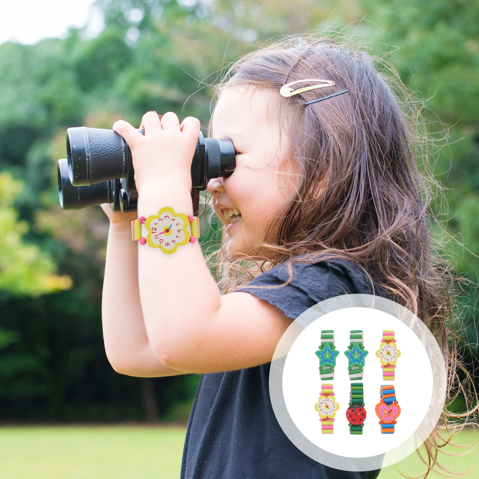 6Pcs 어린이 시계 밴드 나무 만화 스타일 미니 시계 장식 논리 손 눈 조정 개발 크리스마스 생일 선물