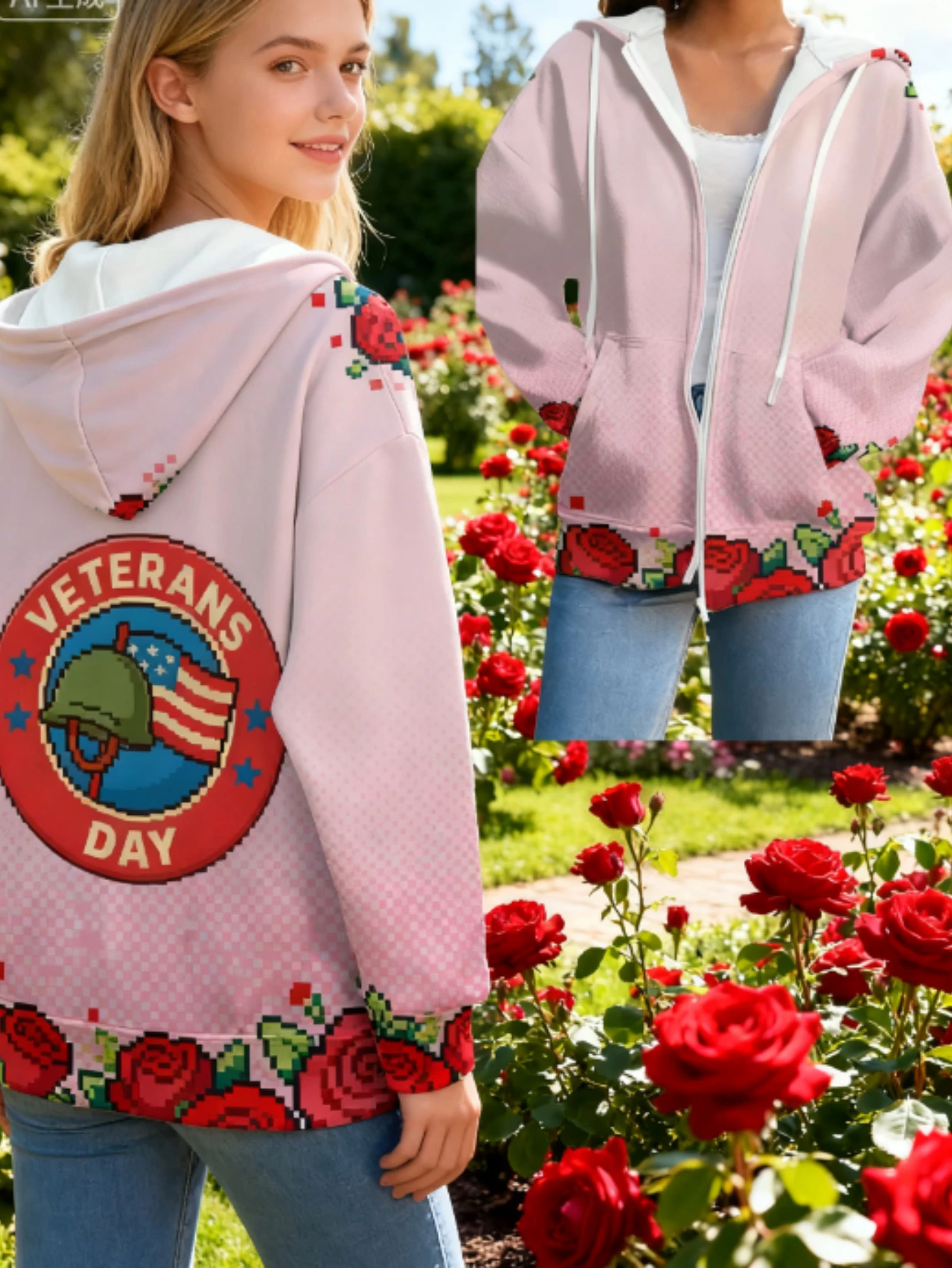 سويت شيرت بغطاء للرأس بطابع يوم المحاربين القدامى ثلاثي الأبعاد مطبوع بالكامل بكسل وردي وعنصر عسكري، معطف وردي تذكاري فريد من نوعه #3