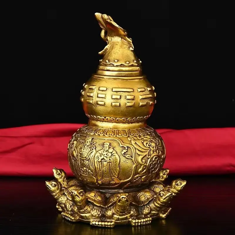 

8-дюймовый старинный латунный статуэтка-тыква «Девять черепах» в стиле фольклора Сычуаня, символ долголетия и привлечения удачи