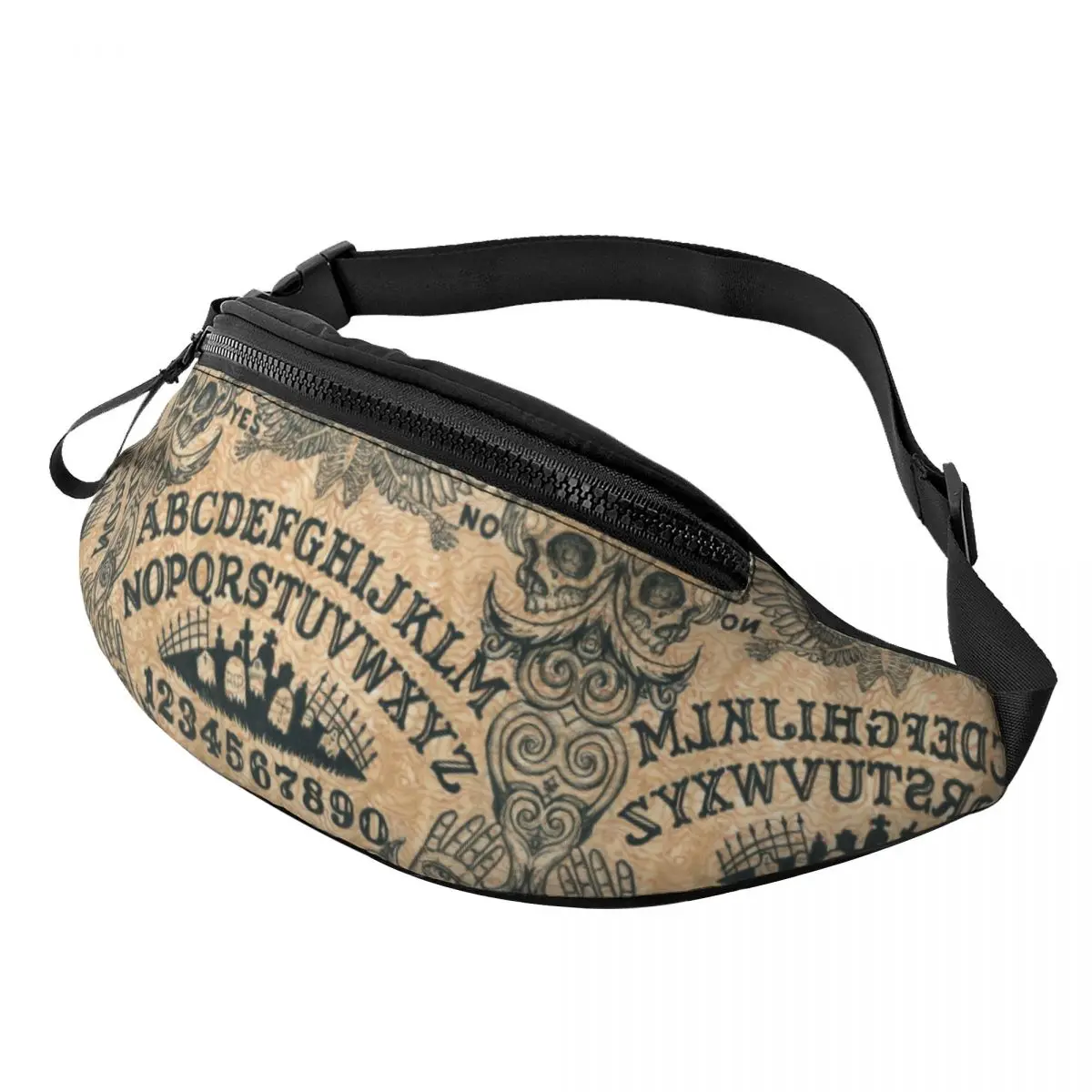 

Custom Angel Of Death Witch Board Fanny Pack Men Women Witchy Skull Crossbody Waist Bag for Travel Cycling Phone Money Pouch