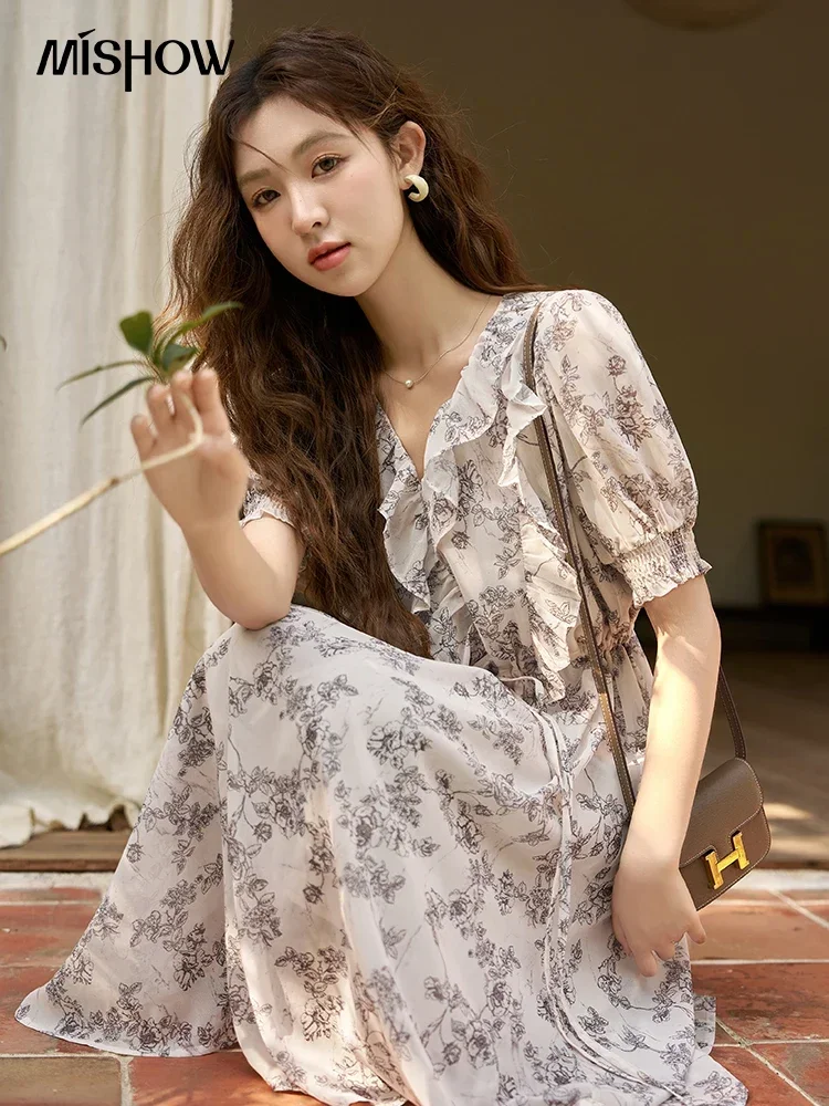 MISHOW V-neck Puff Sleeve Floral Dress for Women 2023 Summer Retro Waist Drawstring A-LINE Long Tea Break Dresses MXC37L1513