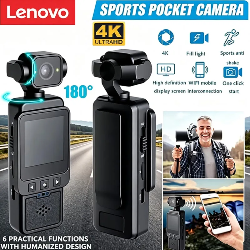 Câmera Portátil de Esportes Lenovo 4K com Display de 180 Graus °   Gravador de Vídeo WiFi Sem Fio Rotativo com Luz de Preenchimento Integrada e Câmera de Detecção de Movimento