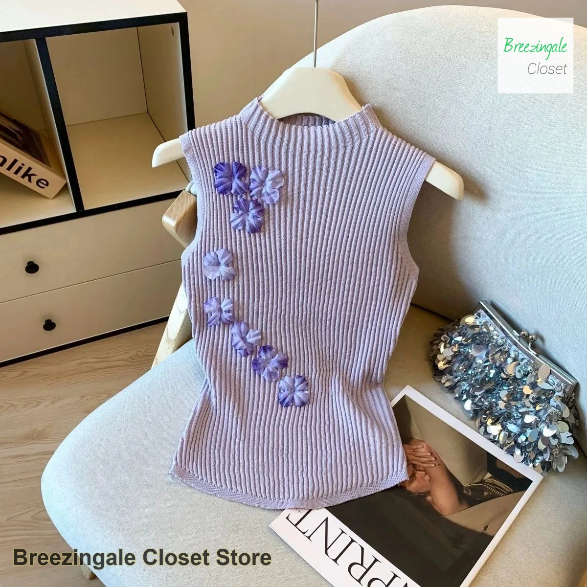 

Three-dimensional flower sweater women's spring and summer new Korean version of the semi-high-necked vest hot girl tight blouse