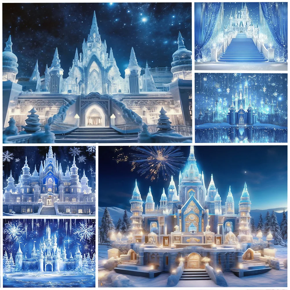 

Winter Frozen World Castle Birthday Party Decoration Background Girls Princess Wonderland Snowflake Backdrop Photography Props