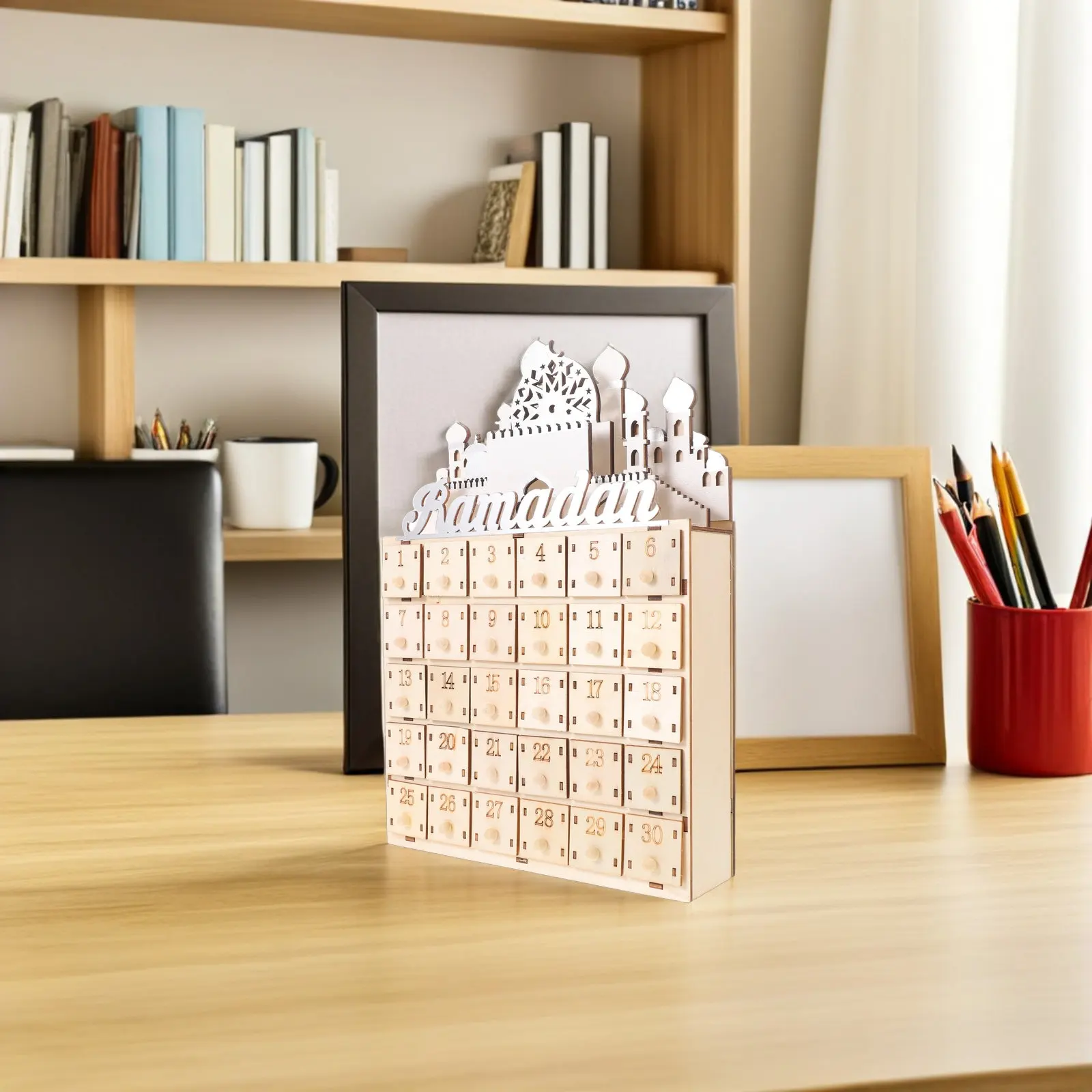 Eid Mubarak Wooden Ramadan Countdown Calendar 30-Day LED Light Decor Middle Eastern Castle Silhouette Festival Home Party
