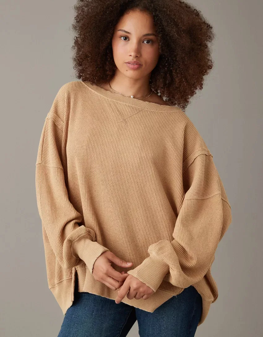 Women's Fashion Waffle Sweater 2023 Autumn/Winter New European and American Long Sleeve Side Split Front Short Back Long tops