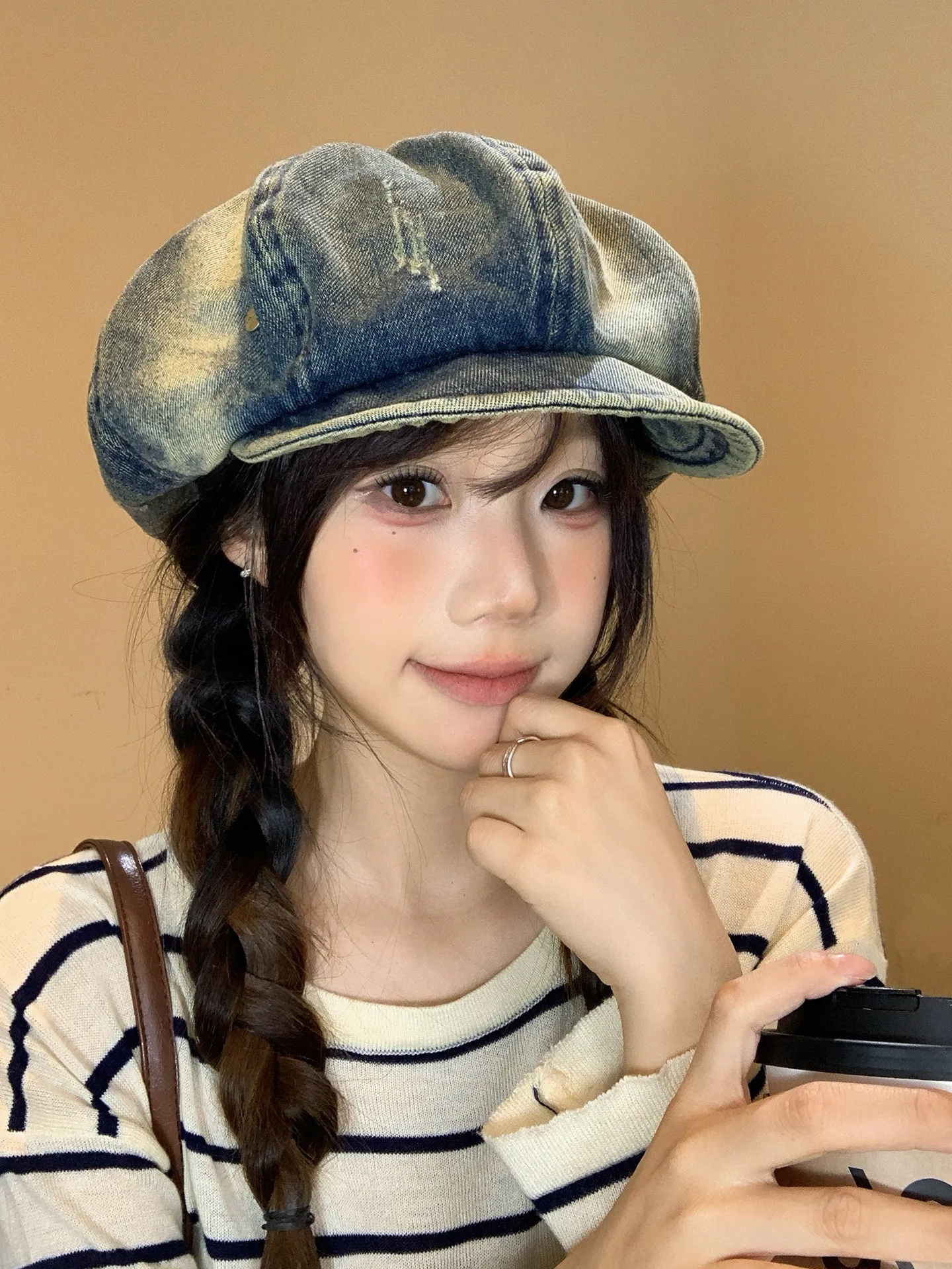 Vintage Washed Denim Newsboy Cap For Women 56-58cm 100 Percent Polyester Retro Round Top All Match Face Slimming Painter Beret