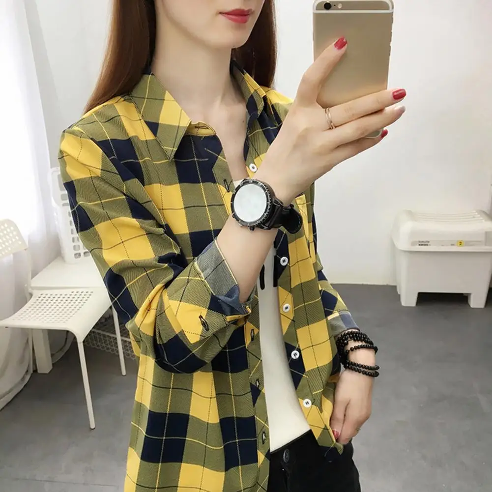 Modern  Lady Blouse Lapel Collar Plaid Print Women Shirt Soft Comfortable Women Shirt Female Clothing