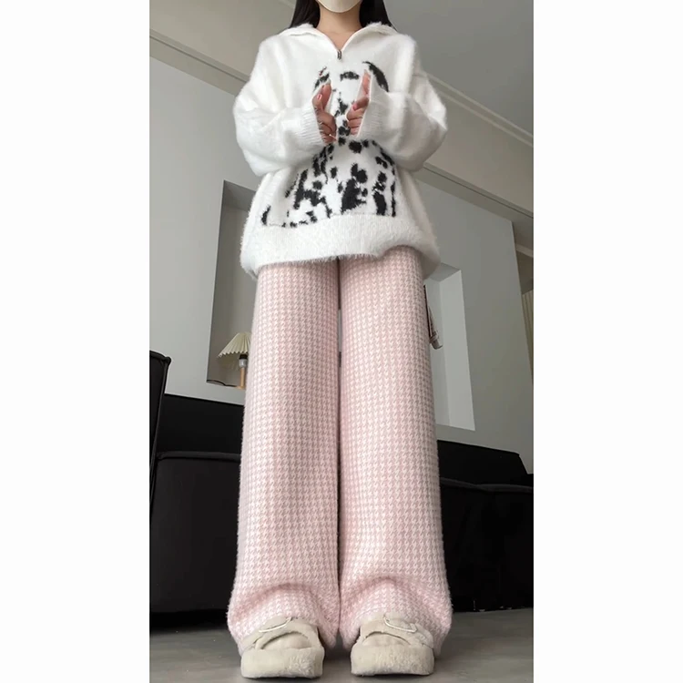 Różowe spodnie w kratę z szerokimi nogawkami, damskie, na wiosnę i lato 2025, nowe, koreańskie, proste, luźne spodnie do ziemi.