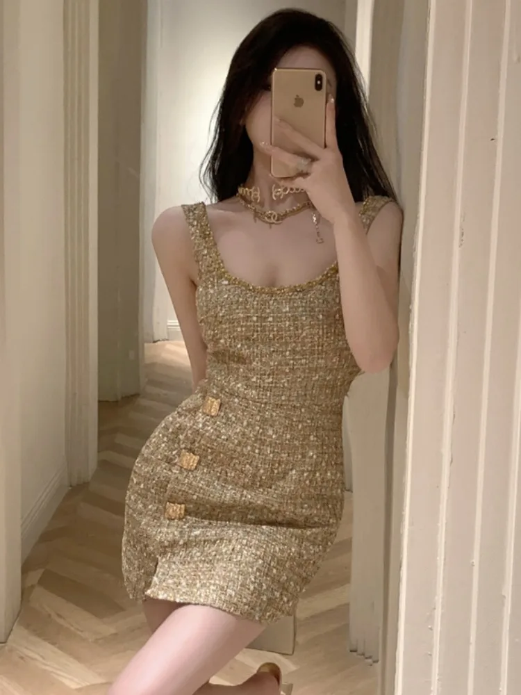 

Summer Short Sleeve Chinoiserie Style Square Collar Slit Design Women's Dress Korean Style Commute Suitable for All Body Types