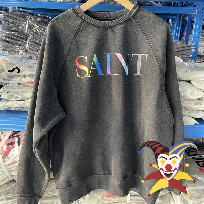 Rainbow Letter Print Saint Sweatshirts Men Women Pullovers Top Quality Vintage Washed Black Crewneck