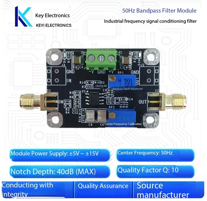 50Hz Power Frequency Notch Filter, Band-Stop Filter Module for Signal Conditioning, High-Q Customizable