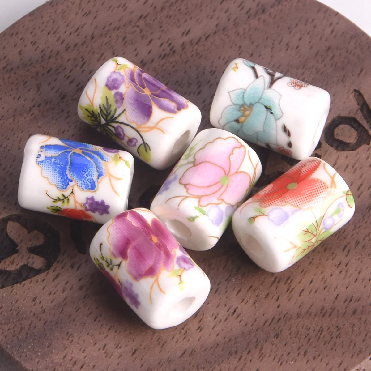 Cuentas de porcelana con forma de cilindro para manualidades, 10 piezas, 12x9mm, patrones de flores, cerámica, sueltas, para fabricación de joyas, DIY